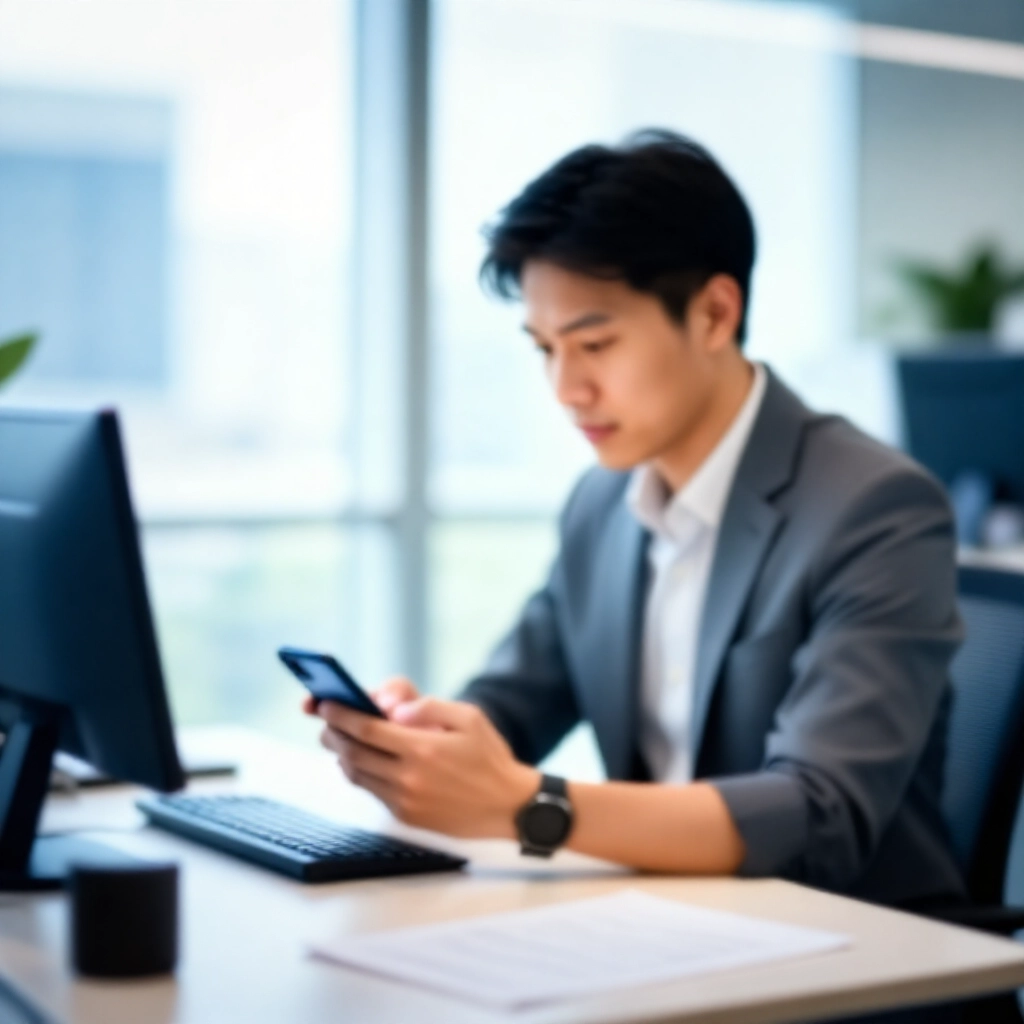 忙碌的台灣上班族在現代辦公桌前檢查智慧型手機上的 MyData 應用程式，自然日光灑入，柔和藍色調傳達效率與信任感