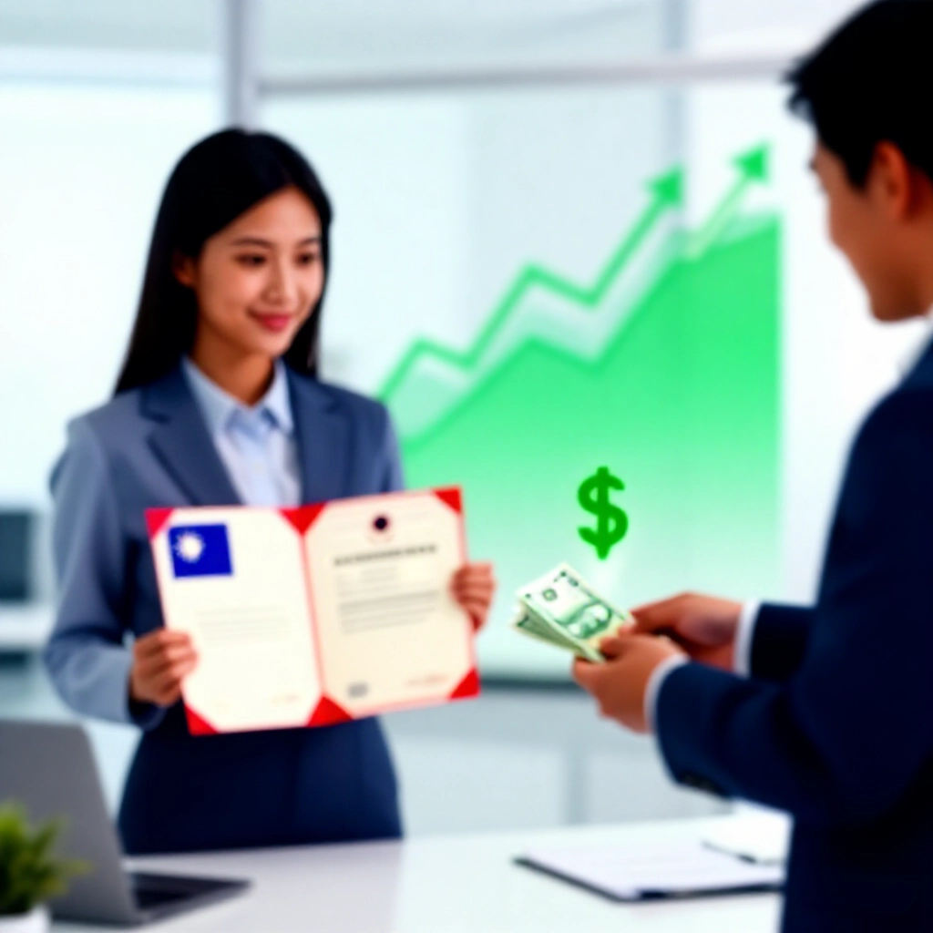 現代台灣投資人在明亮辦公室手持股票證書,從銀行家手中接收現金,背景有流動股利圖示與綠色財務圖表
