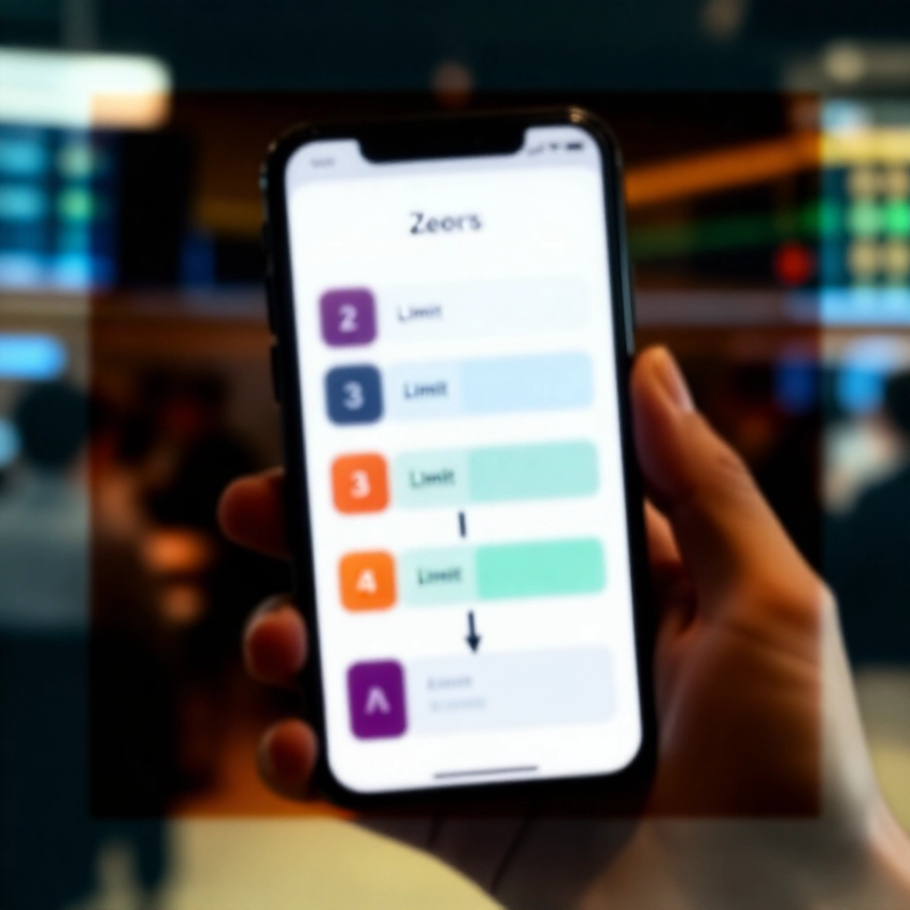 手持智慧型手機螢幕顯示零股當沖 App 下單步驟,註解按鈕與限價欄位,背景交易大廳溫暖燈光