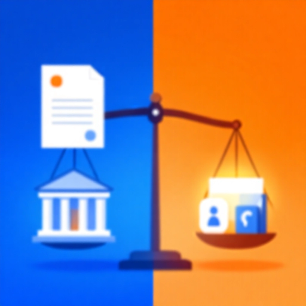 銀行嚴格文件與融資公司靈活圖示的天平比較圖,藍橙色調資訊圖風格