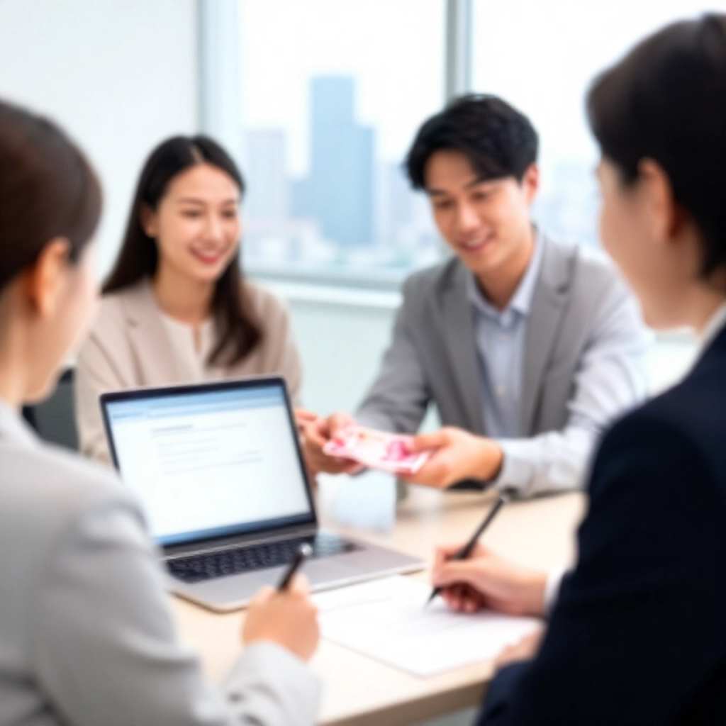 年輕台灣夫妻在房仲專業辦公室,接收父母銀行轉帳並簽署貸款契約,眺望城市天際線