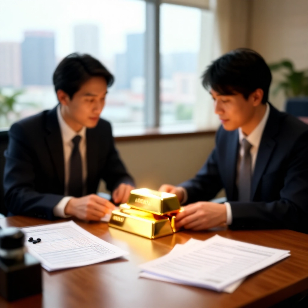 台灣投資人在舒適銀行環境比較閃耀金條、ETF 圖表與存摺,木桌上有城市天際線窗景,自然日光