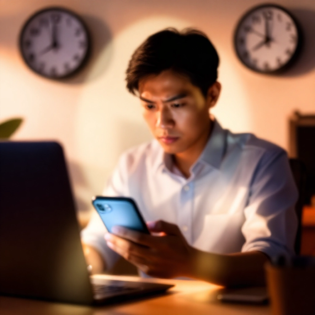 台灣上班族早晨檢查銀行App,時鐘指向上午9點,錢包圖示與警示通知,暖橘色調,專注緊張氛圍,螢幕細節發光