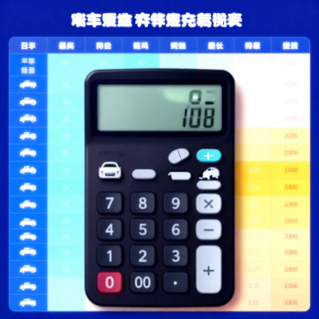 計算器顯示車價、信用分數與月付金試算矩陣,包含車齡收入圖示的高對比資料視覺化