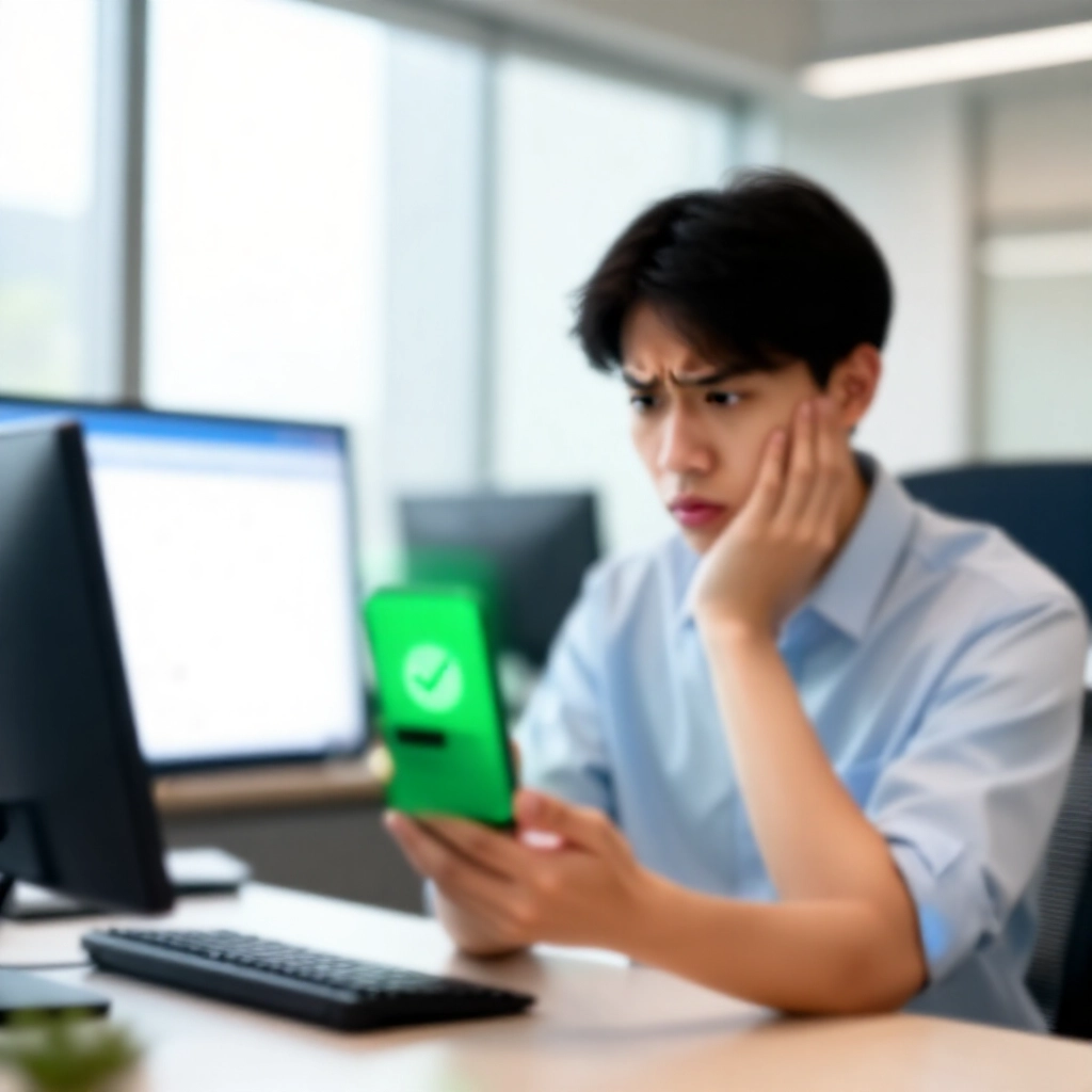 年輕投資人在明亮台灣辦公室困惑盯著顯示綠色成功圖示卻股票投資組合空空的智慧型手機螢幕