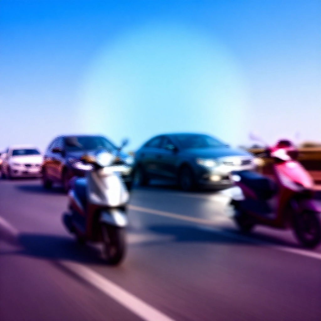 動感道路場景，光亮汽車與機車疾馳而過，伴隨引擎排氣量視覺效果，以金屬色調在晴朗藍天下，突顯車輛成本