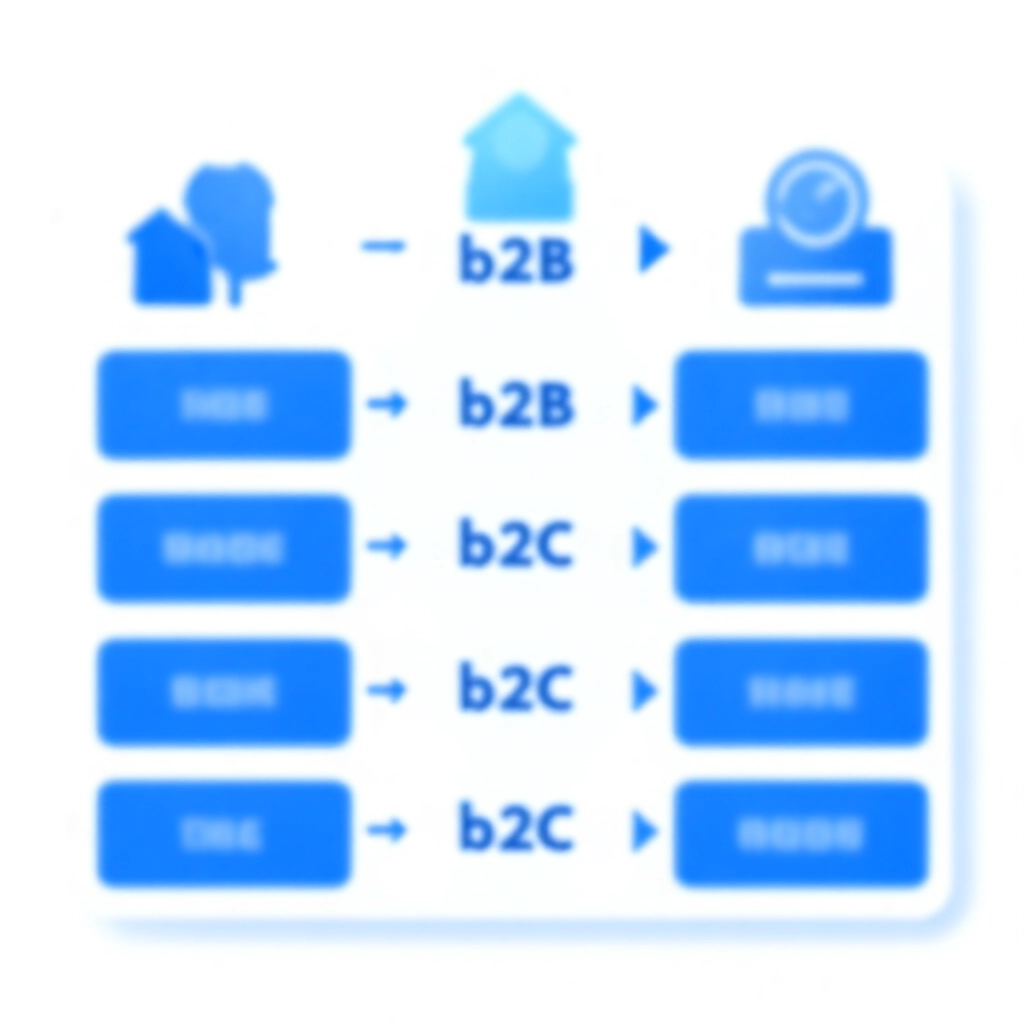 B2B、B2C、C2C 商業模式比較的流線型資訊圖表格，顯示金錢與商品流動箭頭，企業與消費者圖示，明亮專業燈光，乾淨白底，鮮明藍色強調，對稱精準向量圖形
