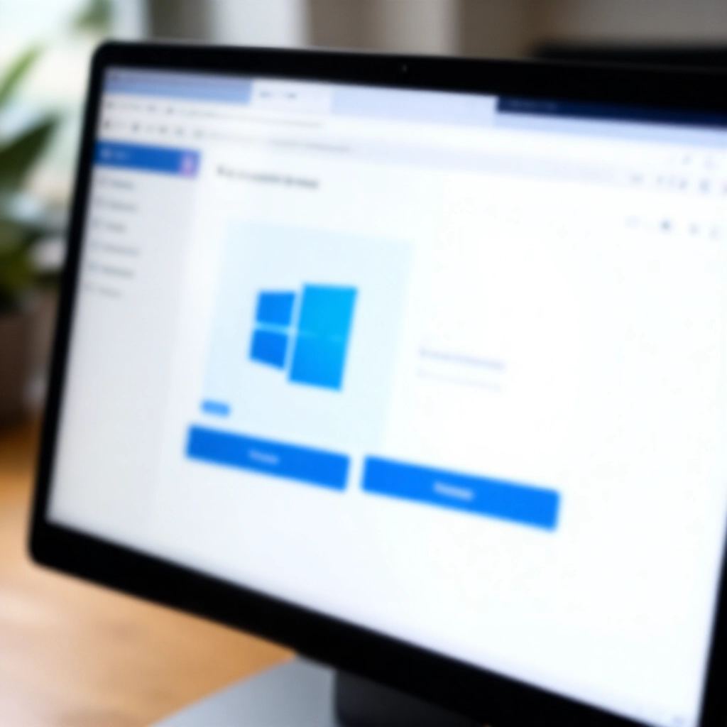 電腦螢幕特寫顯示官方下載頁面,突出 Windows 版本按鈕,在乾淨瀏覽器版面,木桌自然日光