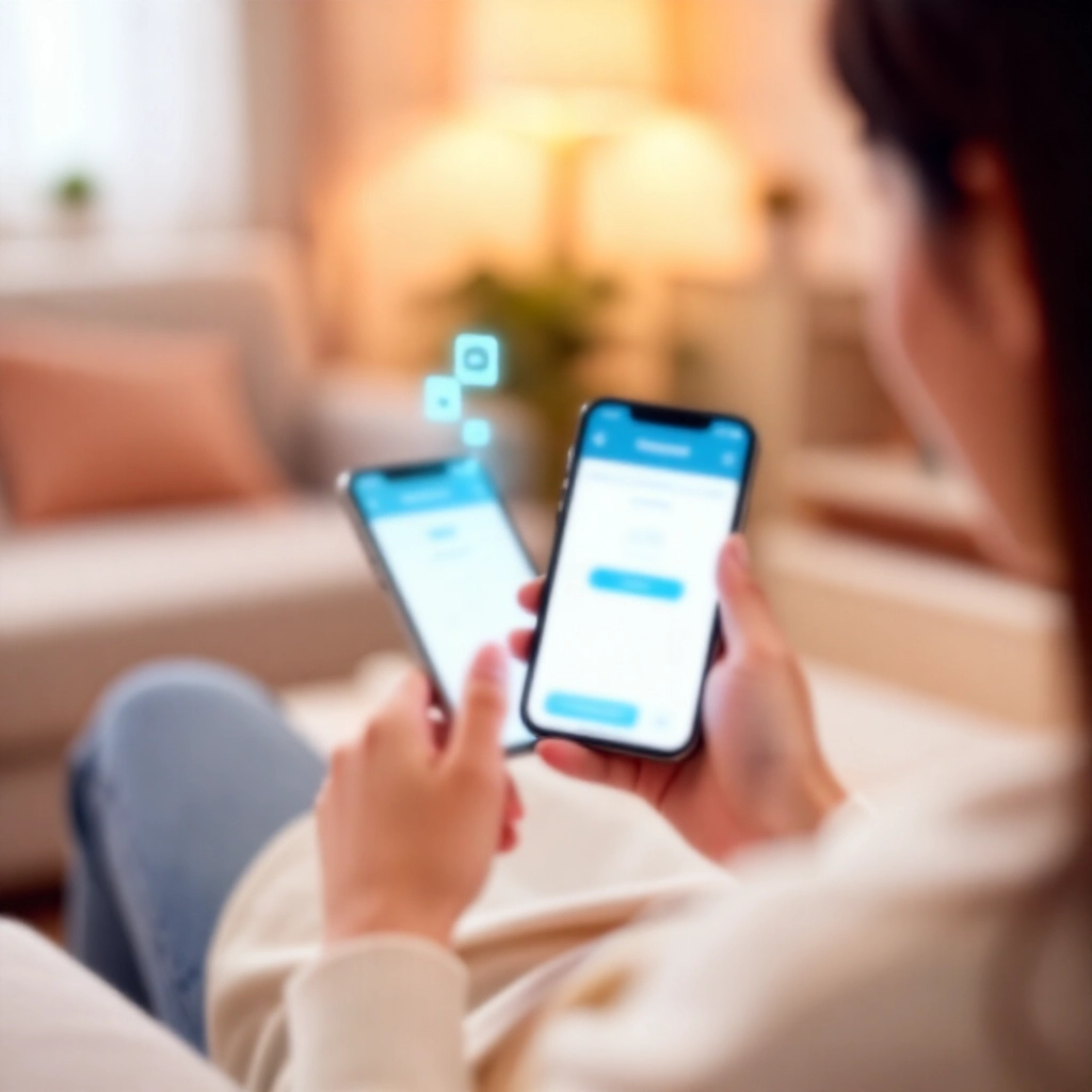 舒適居家環境，年輕人快樂點擊智慧型手機啟用電子帳單App，步驟圖示環繞，直覺介面強調輕鬆豁免年費