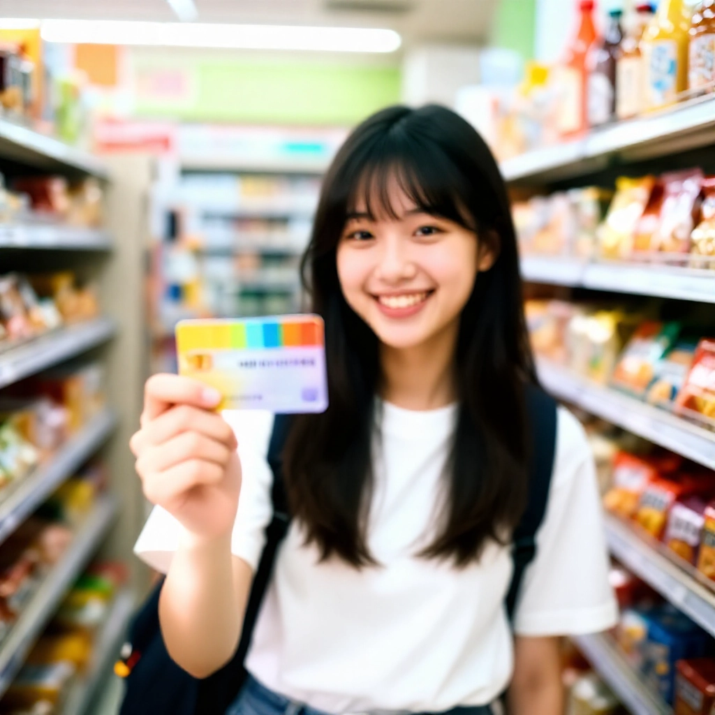 台灣年輕大學生在熱鬧便利商店手持繽紛 LINE Friends 簽帳金融卡,笑容燦爛,貨架滿載零食,溫暖午後燈光,歡樂活力氛圍