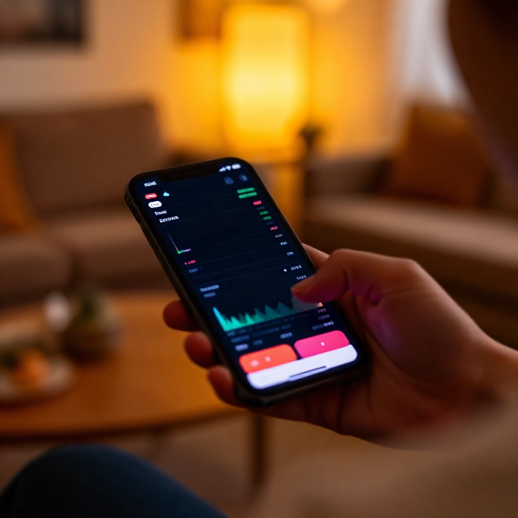 使用者在舒適客廳滑動直覺股票 App,顯示生動市場圖表與交易按鈕,溫暖環境光線