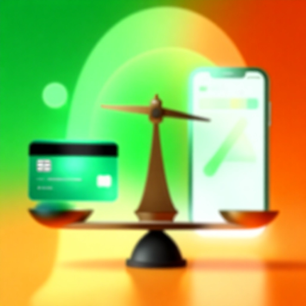 信用卡與行動分期App對比的天平示意圖,綠橙色調強調利息符號與信用分數儀表板